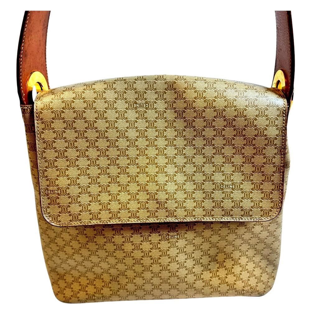 Vintage Celine Macadam Coated Canvas Shoulder Bag with Leather Trim/ Dust Bag
